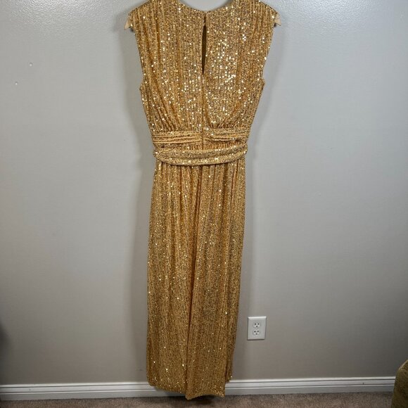 LDT Ivy Goddess Gold Sequin Maxi Dress Size 2 Tie Waist Formal Wedding Event - Picture 3 of 11